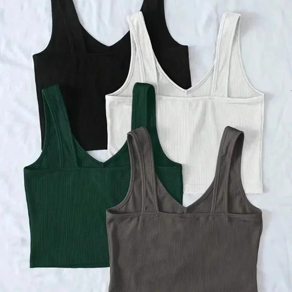 4pcs V-neck Ribbed Crop Tops (Color: Mixed Color) - Picture 3 of 5